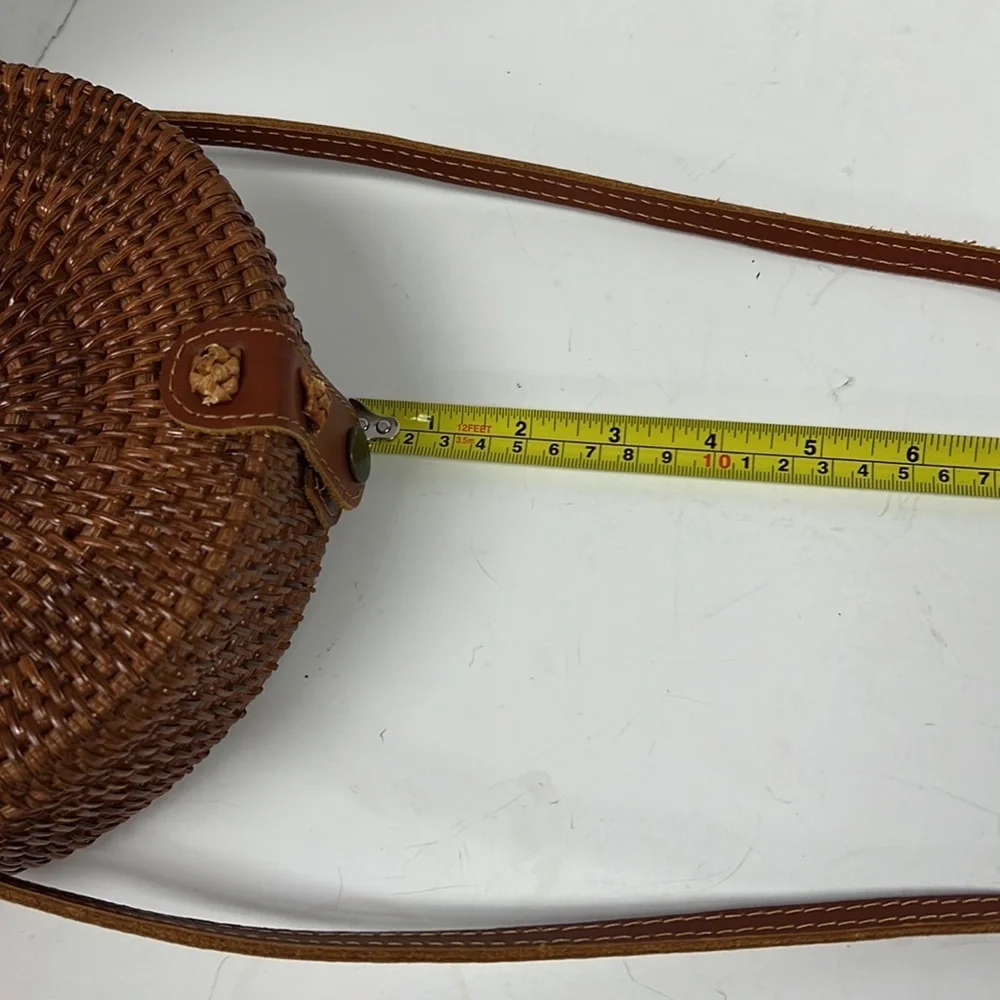 Round Woven Rattan Crossbody Bag | Boho Bali Style | Leather Strap